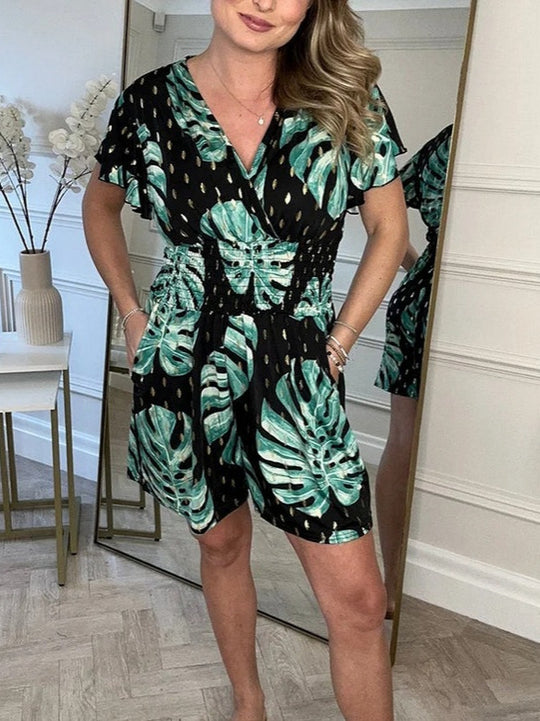 Damen Wickel-Jumpsuit mit floralem Muster und elastischem Bund EB