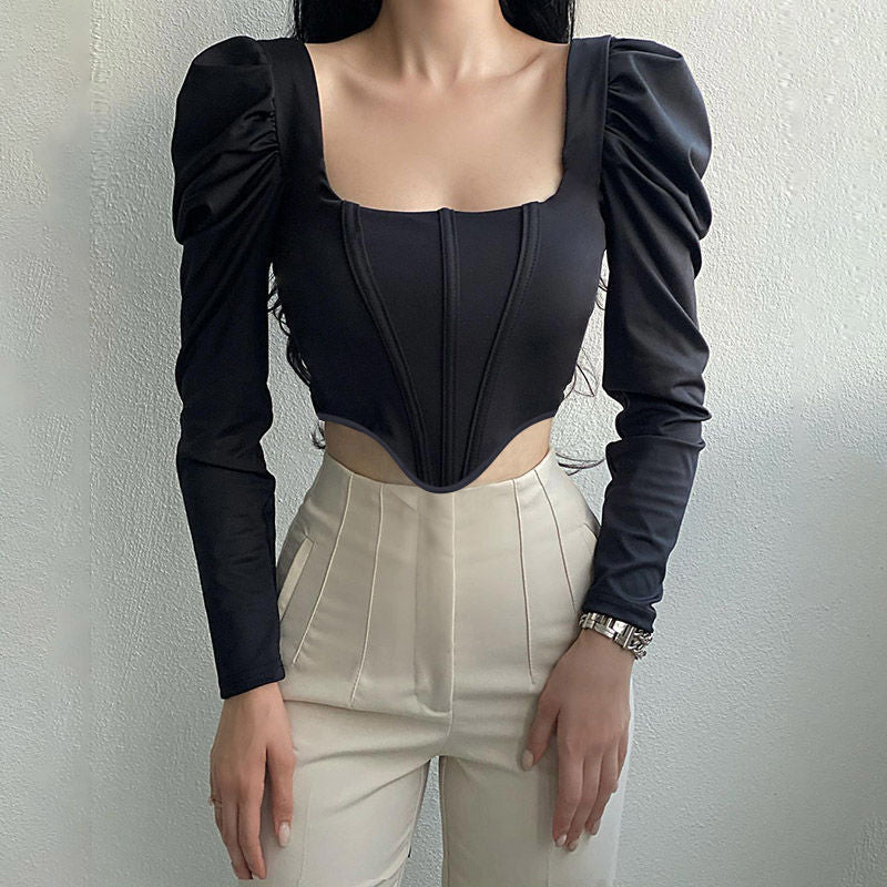 Damen Elegantes Oberteil mit Puffärmeln und tiefem Ausschnitt EB