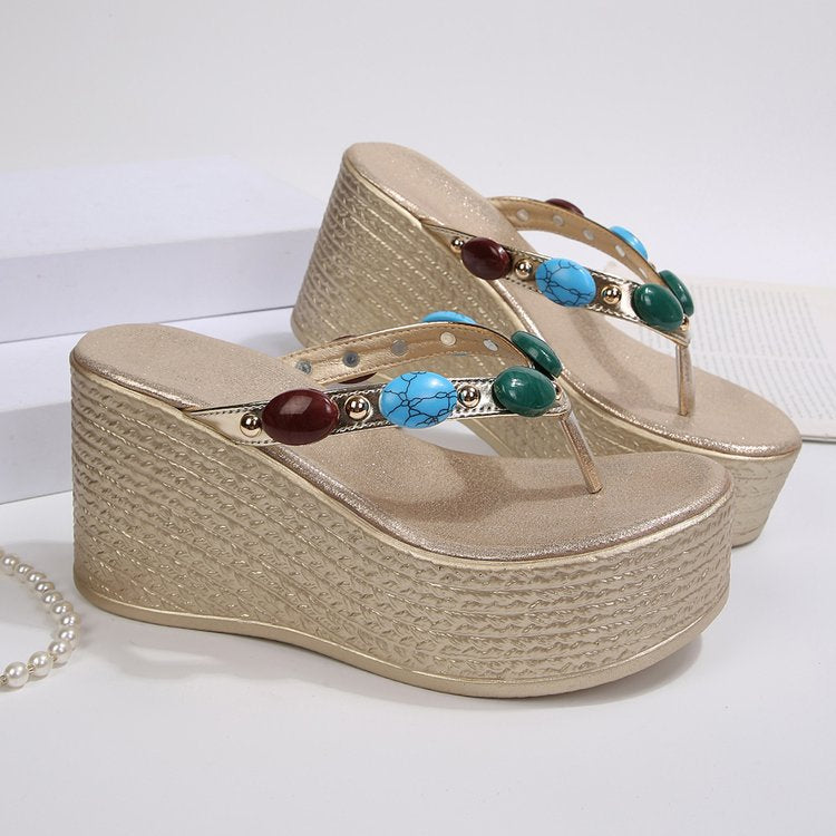 Damen Plateau-Sandalen mit kunstvollen Perlenakzenten und ergonomischer Sohle EB