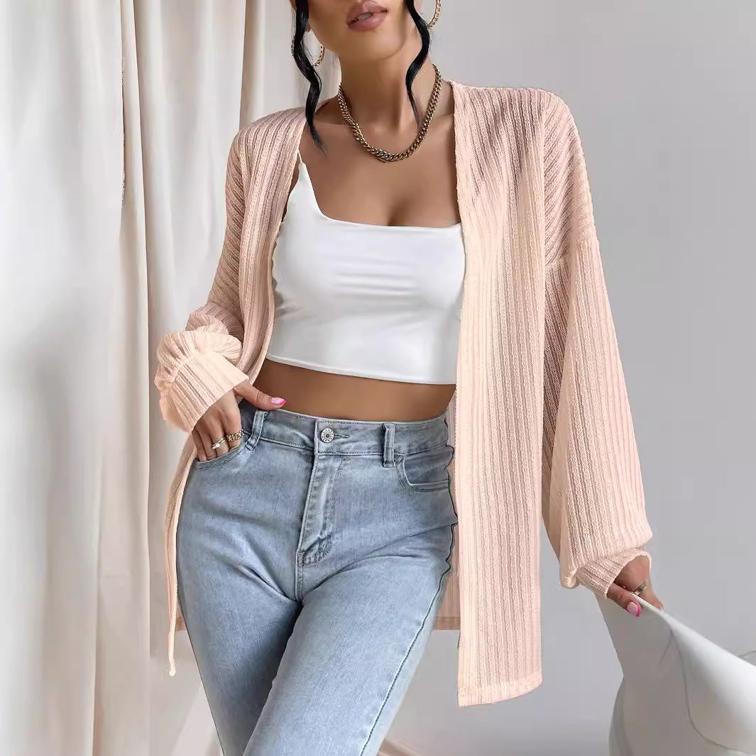 Damen Lässige Strickjacke mit weit geschnittenen Ärmeln und Rippenstruktur EB