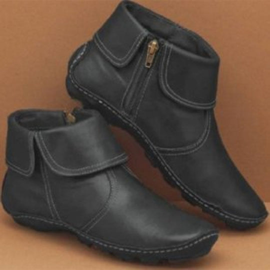 Damen nan knöchelhohe Lederoptik-Stiefelette mit umlegbarer Manschette und seitlichem Reißverschluss EB