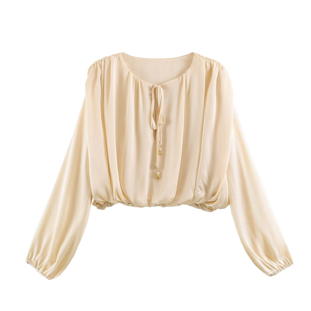 Damen nan luftige Boho Carmen-Bluse mit Kordelzug, weiten Ballonärmeln und elastischem Saum EB