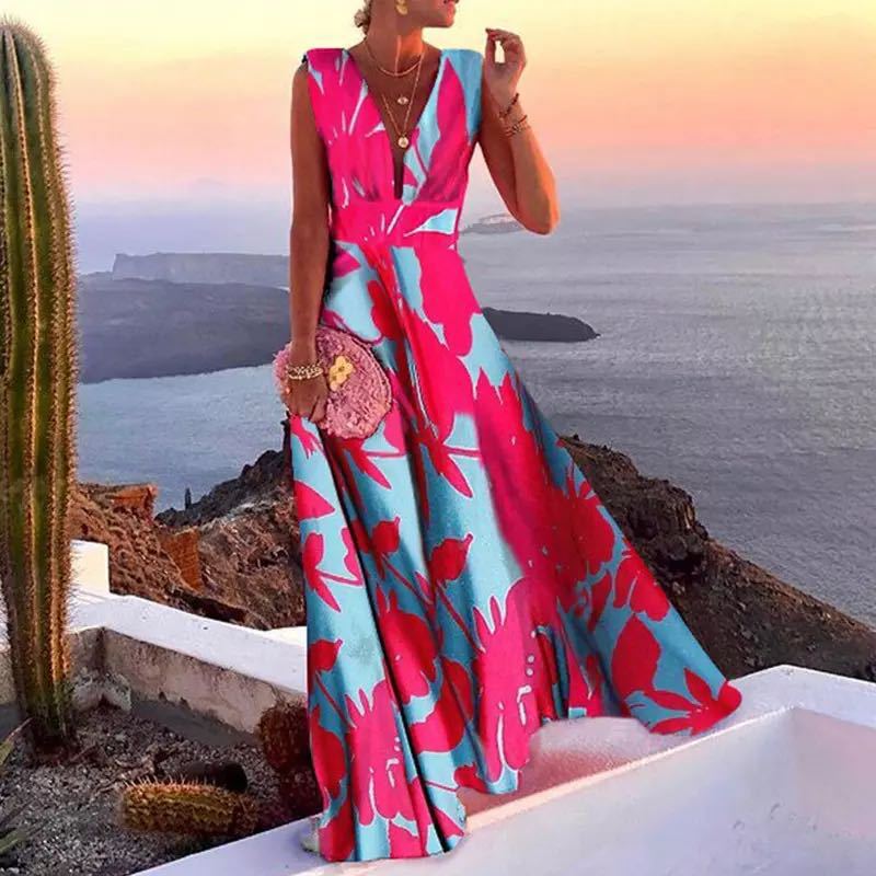 Damen Maxikleid mit geometrischem Schnitt und tiefem V-Ausschnitt EB