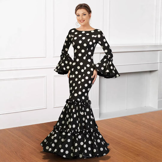 Damen Elegantes Maxikleid mit auffälligem Volant und Polka-Dots EB