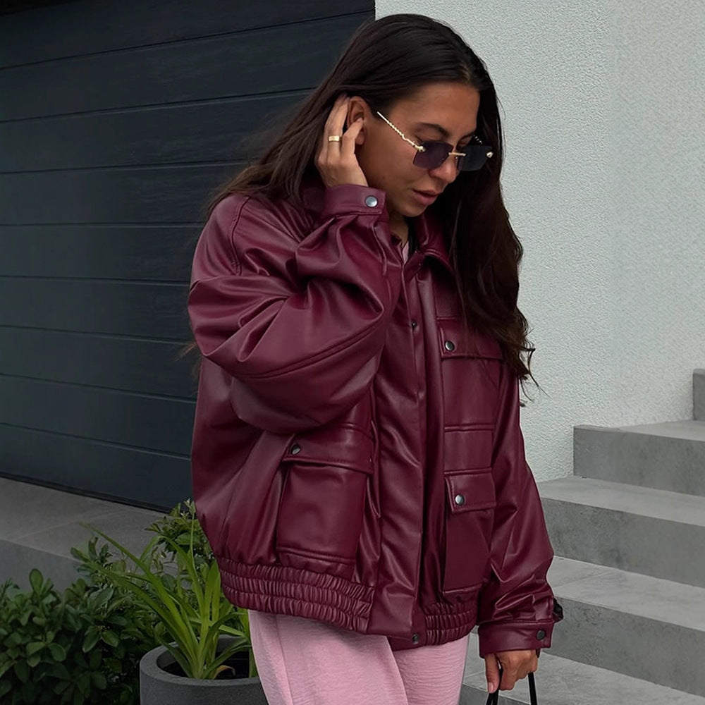 Damen oversized Kunstlederjacke mit funktionalen Taschen und elastischem Bund EB