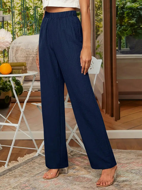 Damen Weite Leinenhose mit elastischem Bund und praktischen Taschen EB