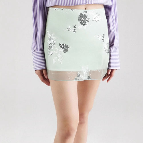 Damen transparenter Rock mit floralem Design und glitzernden Akzenten EB
