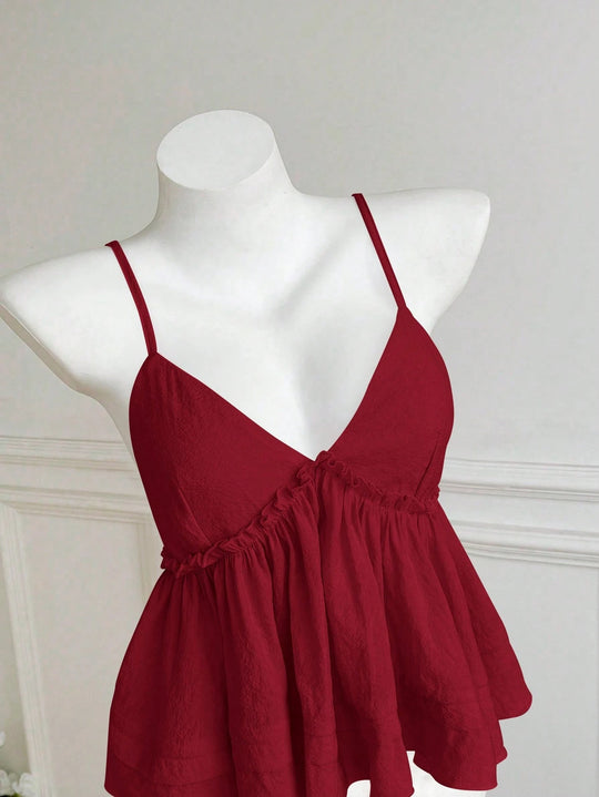 Damen asymmetrisches Top mit Rüschen und tiefem V-Ausschnitt EB