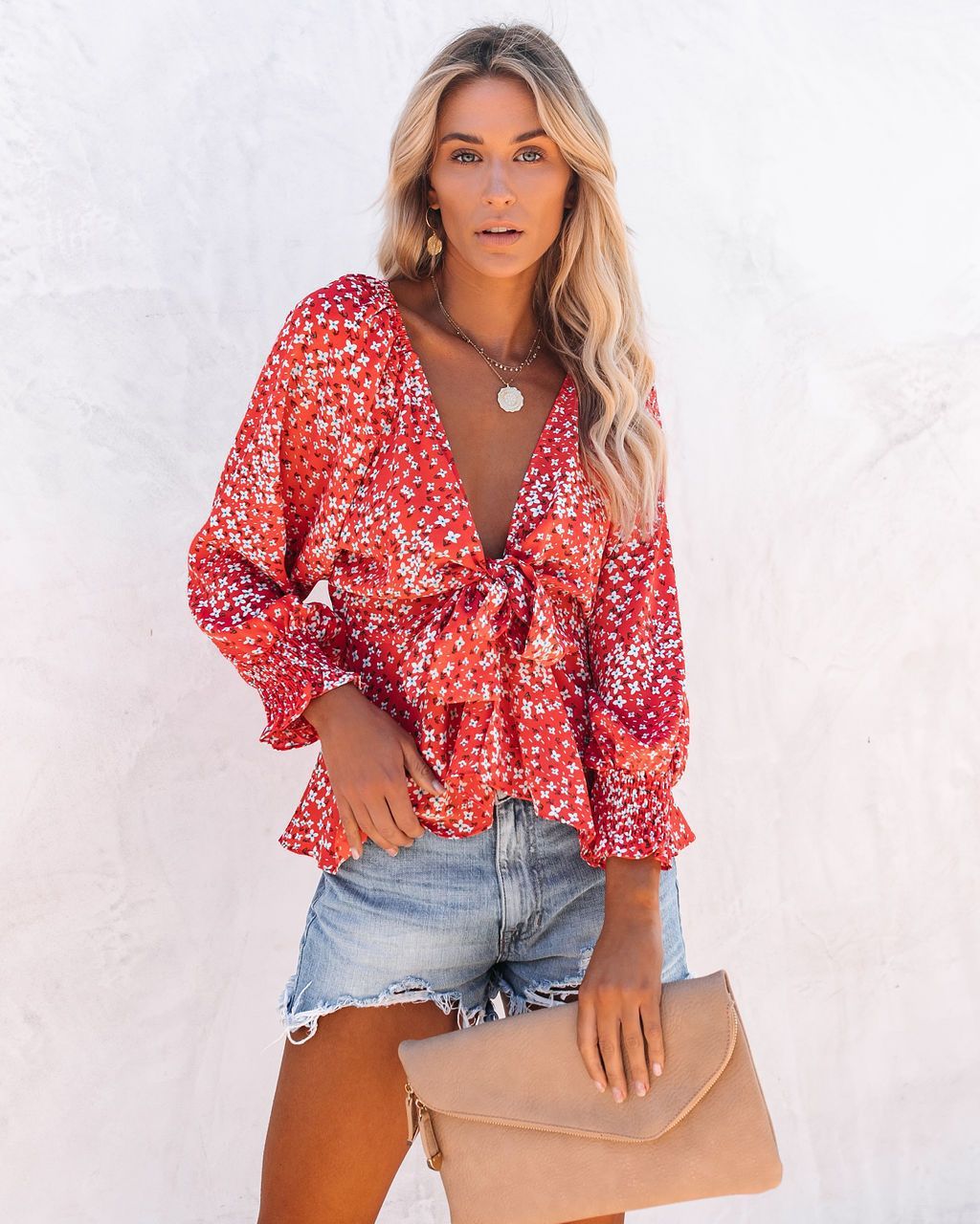 Damen Blusentop mit verspieltem floralem Muster und elegantem Knotendetail EB