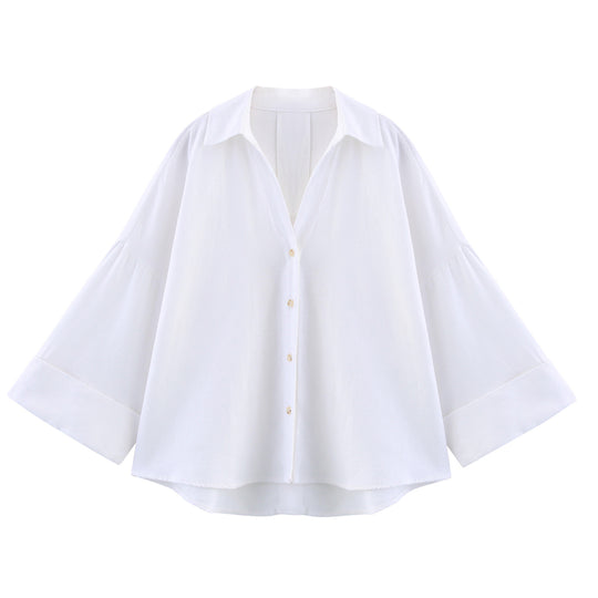 Damen nan oversized Streifen-Hemdbluse mit überschnittener Schulter, 3/4-Ärmel und verlängertem Rückensaum EB