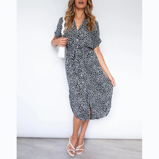 Damen Midikleid mit knotenfreiem Gürtel und verspieltem Punkte-Design EB