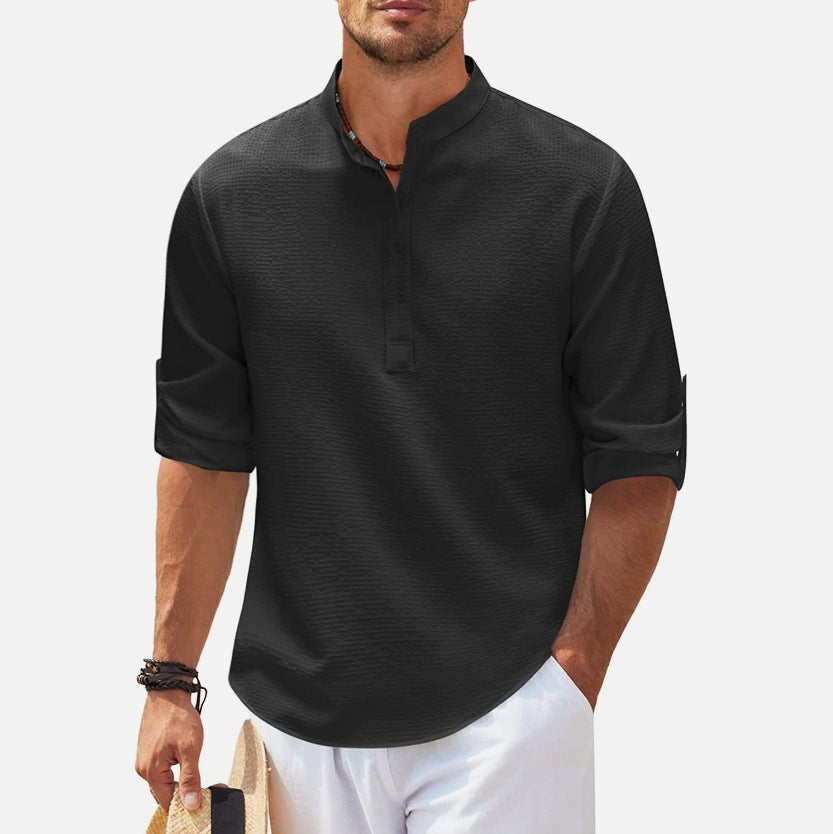 Herren lässiges Langarmhemd mit Stehkragen und Knopfleiste EB