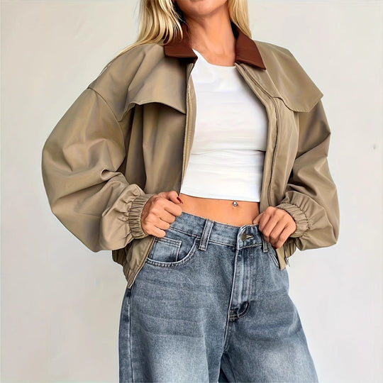 Damen Lässige Cropjacke mit weit geschnittenen Ärmeln und kontrastierendem Kragen EB