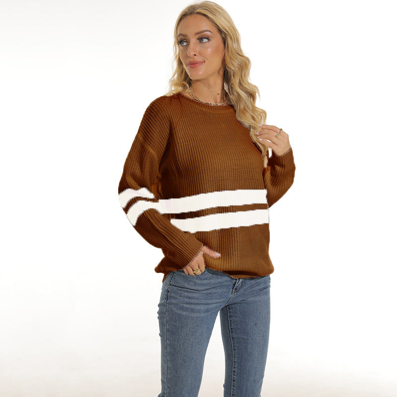 Damen Grobstrickpullover mit sportlichem Streifenmuster und lockerer Passform EB