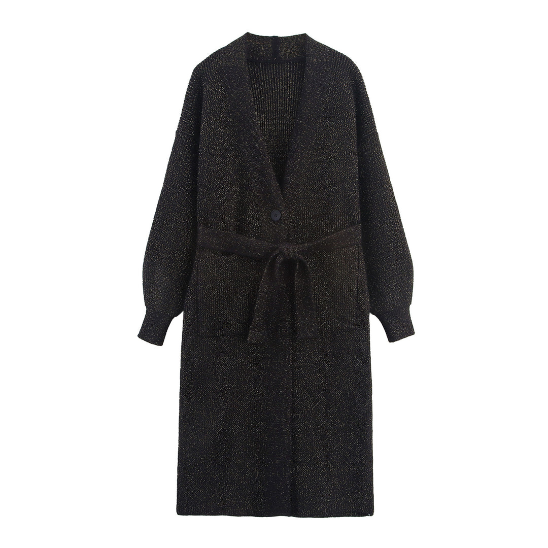 Damen Lange Strickjacke mit Gürtel und Taschen EB