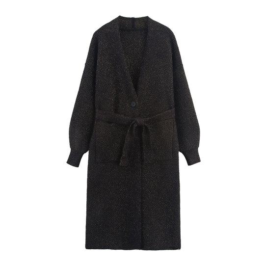 Damen Lange Strickjacke mit Gürtel und Taschen EB