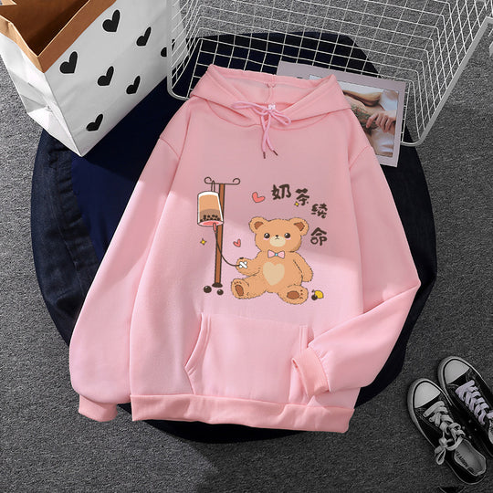 Damen nan Kapuzenpullover mit minimalistischer Grafik, lockerer Oversize-Passform und Kängurutasche EB