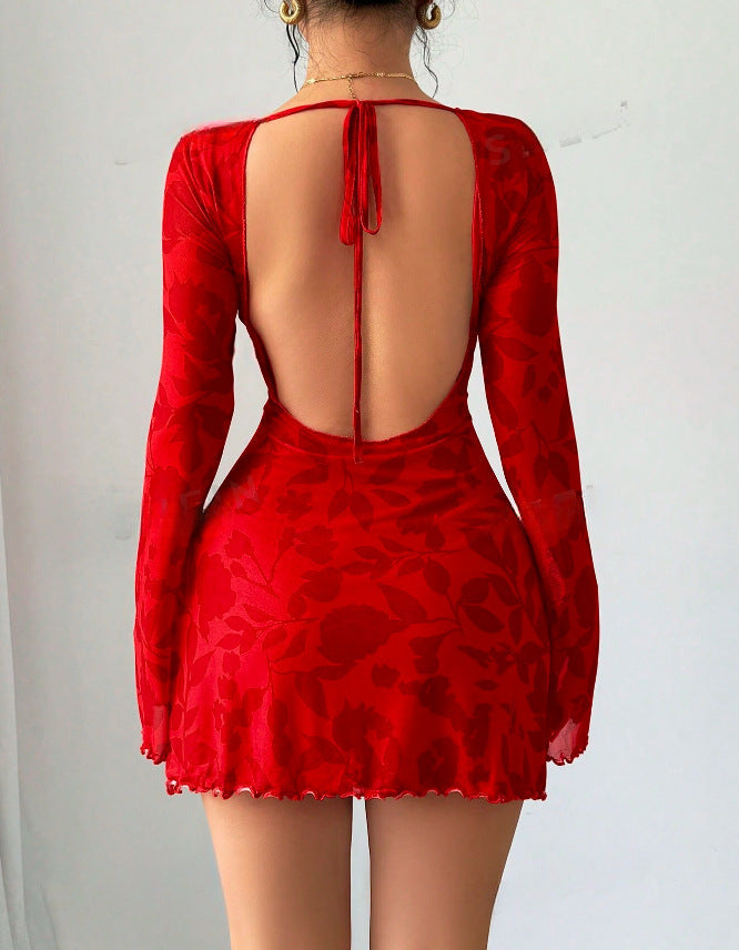 Damen kurzes Kleid mit tiefem Rückenausschnitt und floralem Muster EB