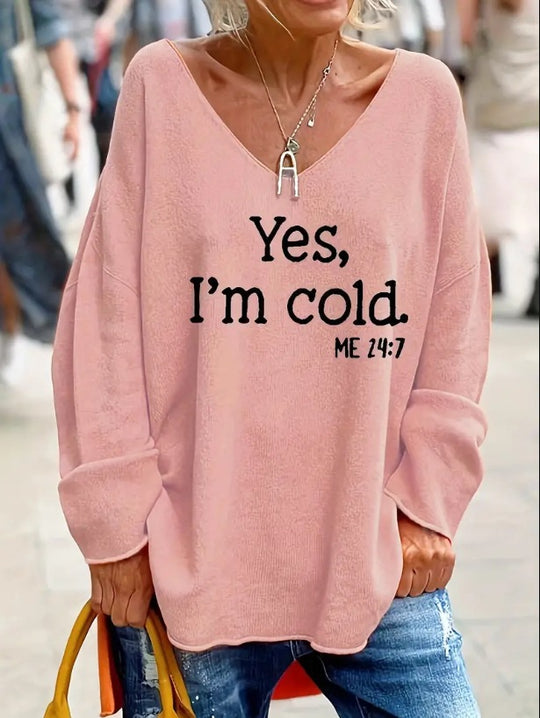 Damen Oversized Pullover mit modernem V-Ausschnitt und aufgedrucktem Statement EB
