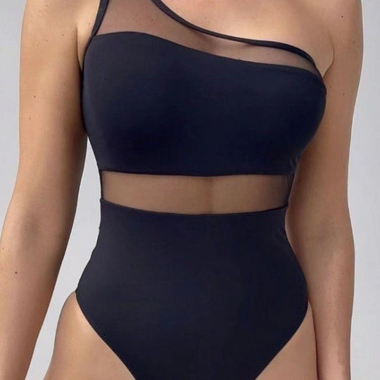 Damen Einteiler Badeanzug mit asymmetrischem Schnitt und transparenten Akzenten EB
