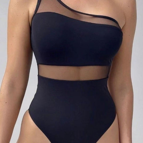 Damen Einteiler Badeanzug mit asymmetrischem Schnitt und transparenten Akzenten EB
