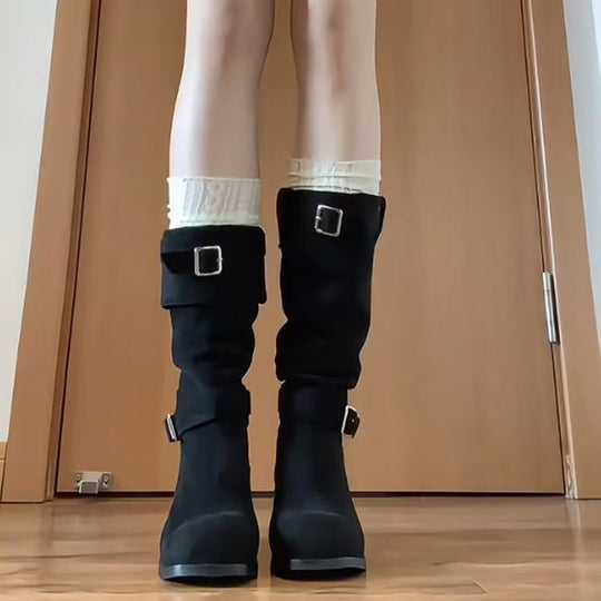 Damen Elegante Stiefel mit modischem Schnallenverschluss und blockigem Absatz EB