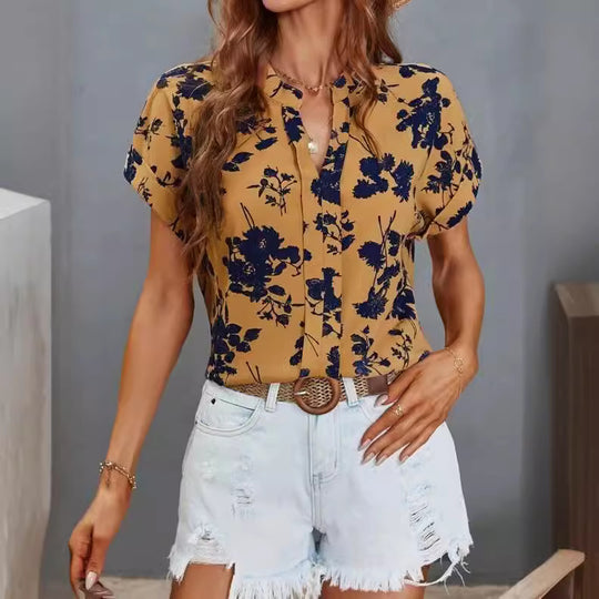 Damen lässige Bluse mit floralem Muster und kurzer Knopfleiste EB