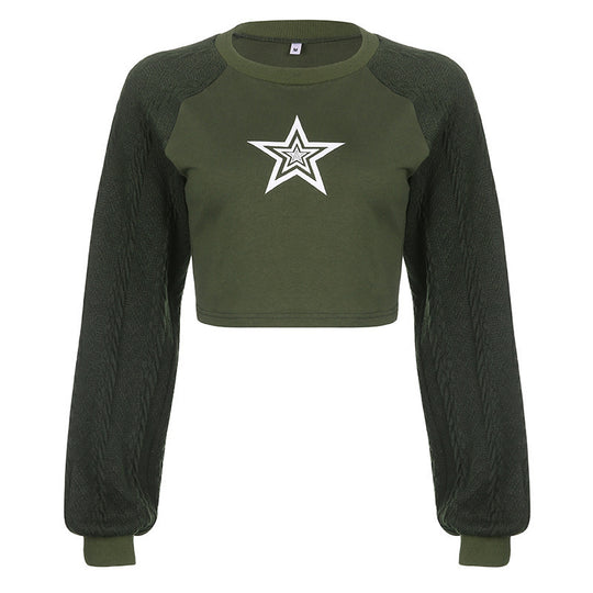 Damen Cropped Pullover mit grafischem Sternenmotiv und strukturiertem Armdesign EB