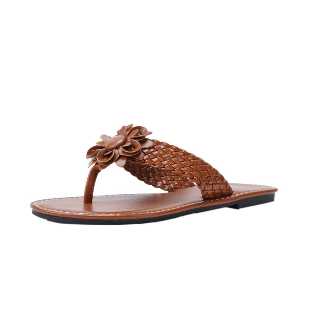 Damen Flache Sandalen mit geflochtenem Riemendesign und blumiger Dekoration EB