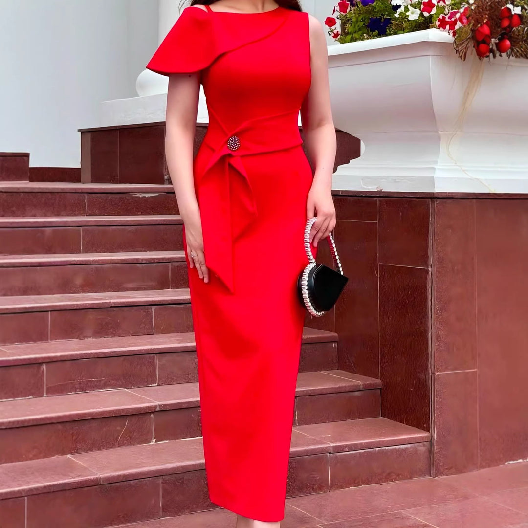 Damen figurbetontes Abendkleid mit asymmetrischer Schulter und Taillengürtel EB