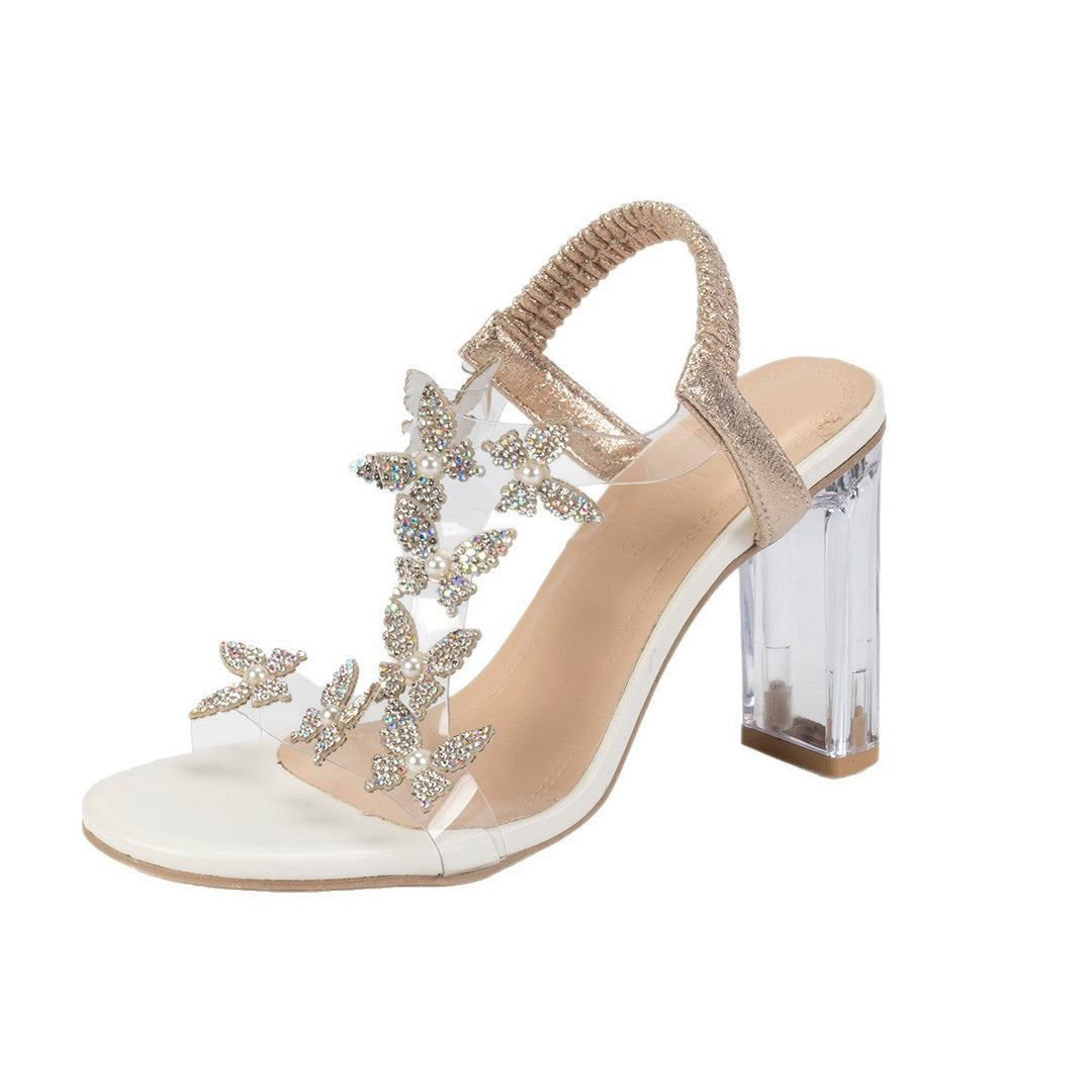 Damen Sandalen mit funkelnden Schmetterlingsapplikationen und transparentem Absatz EB