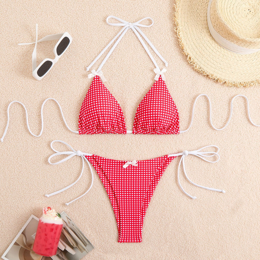 Damen Triangel-Bikini mit verspieltem Karomuster und bindbaren Trägern EB