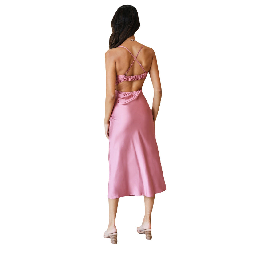 Damen Midi-Kleid mit aufregendem Schlüssellochausschnitt und fließendem Satin-Material EB