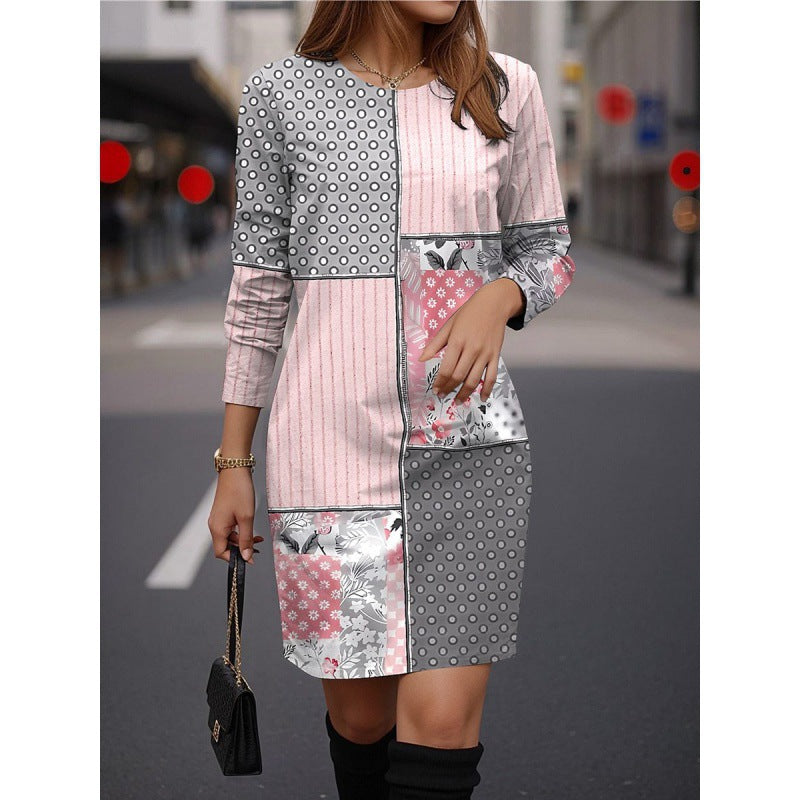 Damen Modisches Kleid mit geometrischem Muster und langen Ärmeln EB
