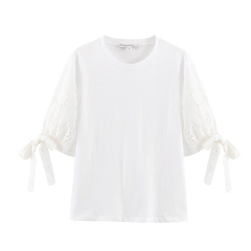 Damen T-Shirt mit elegantem Spitzenschnitt und zeitloser Schleifen-Applikation EB