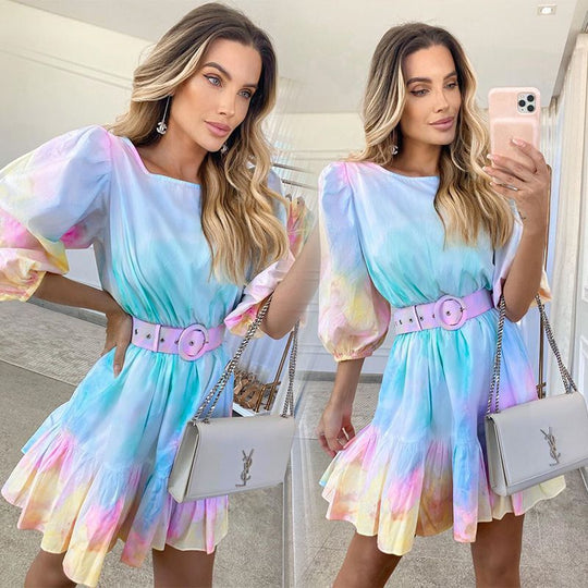 Damen modernes Boho-Kleid mit strukturiertem Volant und Taillengürtel EB