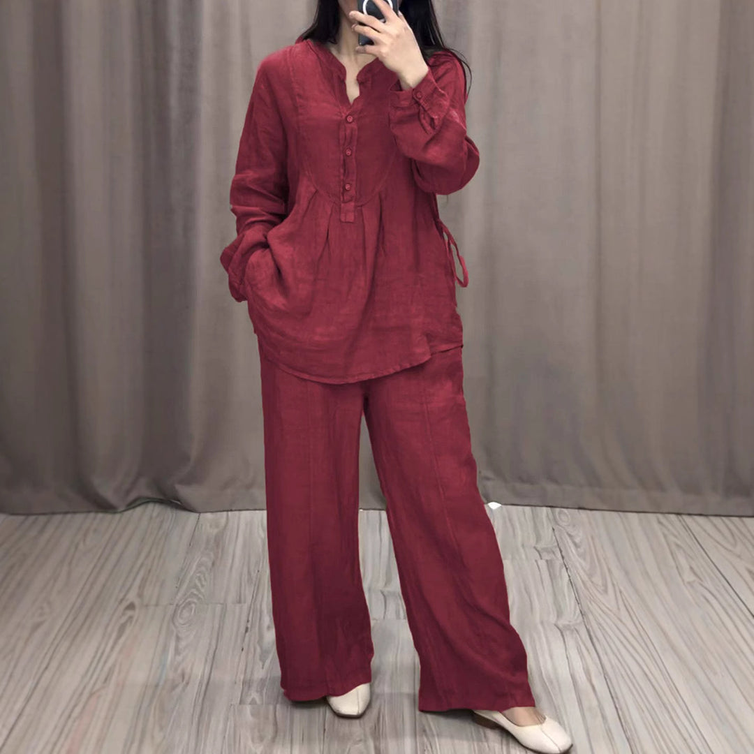Damen nan lässiges Leinen-Set Tunika mit weitem Bein, Knopfleiste und Seitentaschen EB