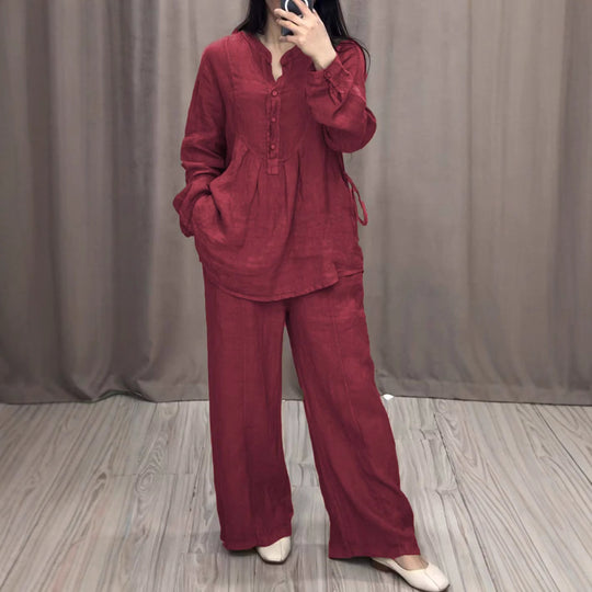 Damen nan lässiges Leinen-Set Tunika mit weitem Bein, Knopfleiste und Seitentaschen EB