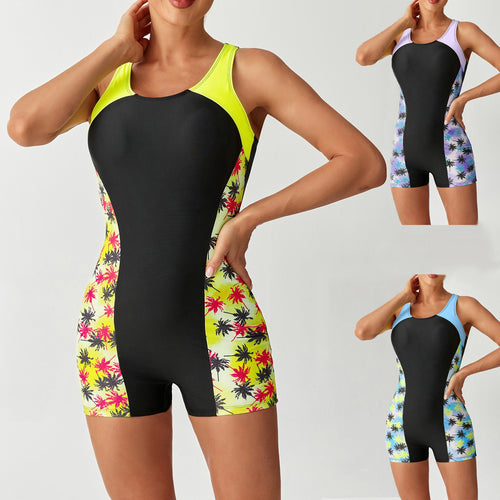 Damen Sportlicher Schwimmanzug mit hohem Kragen und buntem Palmendruck EB