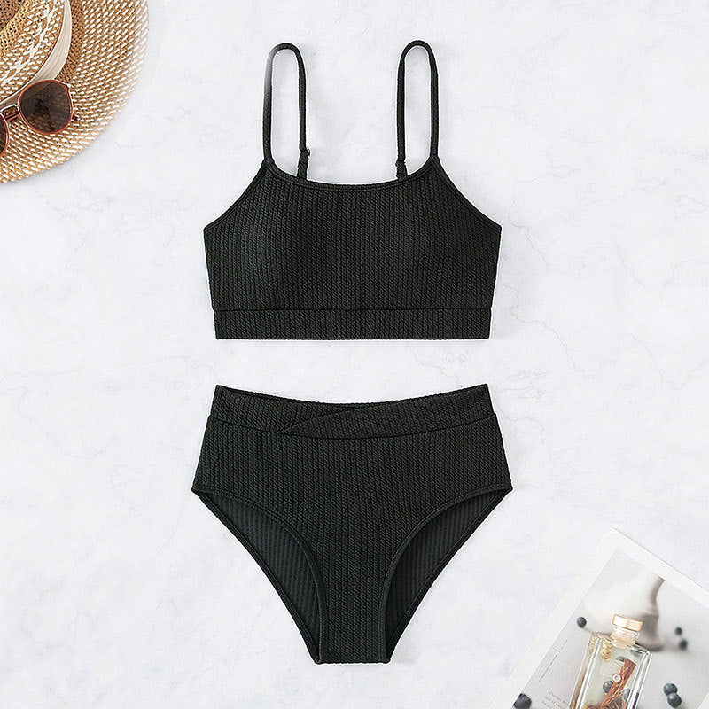 Damen Hoch tailliertes Bikini-Set mit rippenförmiger Textur und verstellbaren Trägern EB