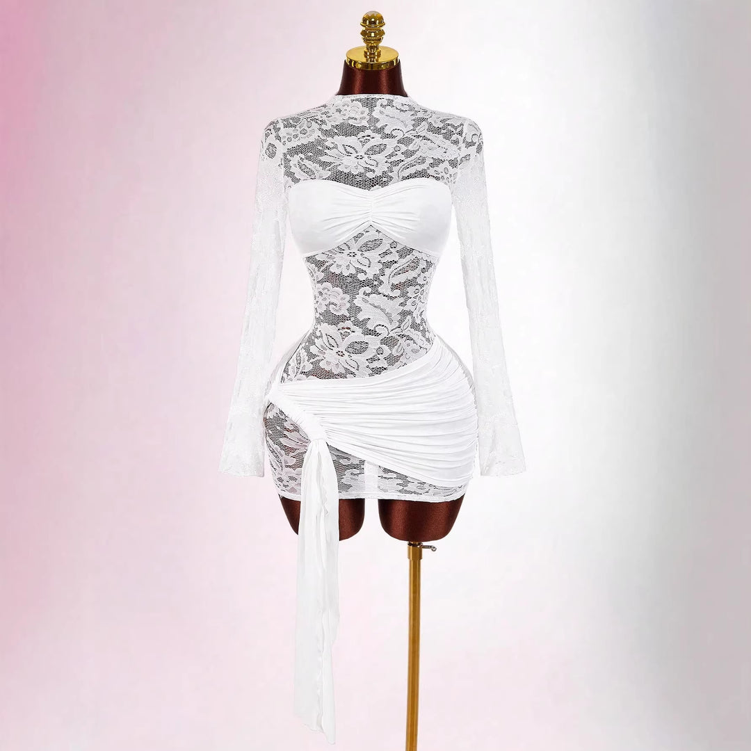 Damen nan transparentes Spitzen-Minikleid mit Bandeau-Einsatz, gerafftem Wickelrock und langen Ärmeln EB