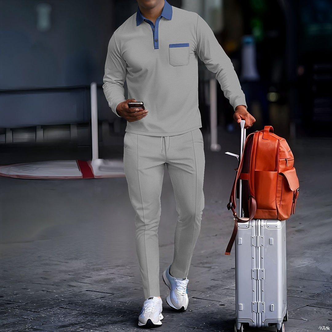 Herren nan reisefreundliches Lounge-Set mit Langarm-Poloshirt Brusttasche und schmal zulaufender Jogginghose EB