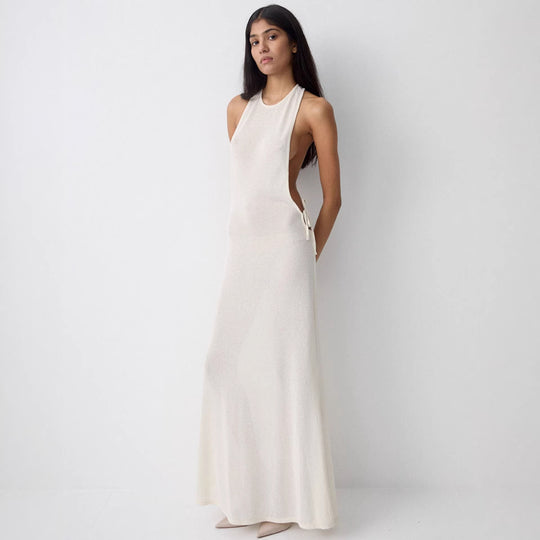 Damen Lange Seidenkleid mit kreativem Ausschnitt und eleganten Schleifendetails EB
