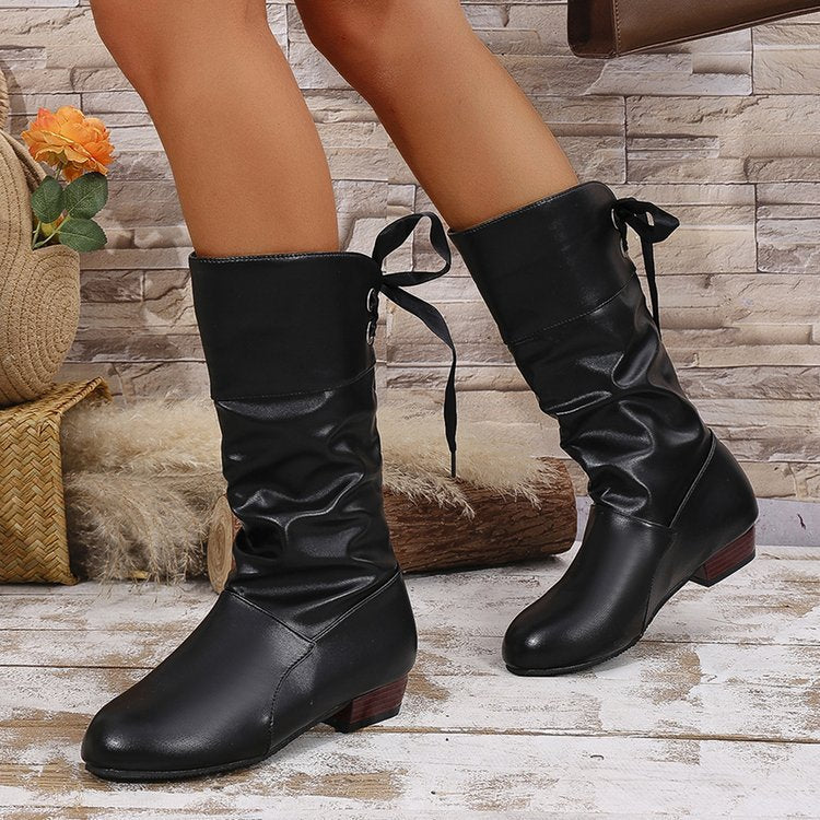 Damen nan schafthöhe Stiefel mit Raffung, rückseitiger Schnürung und niedrigem Blockabsatz EB