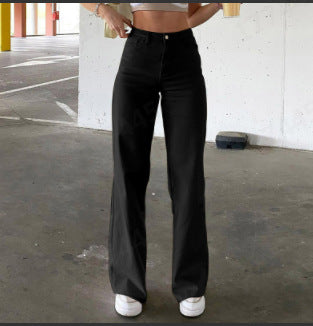 Damen nan hochgeschnittene Weitbein-Hose aus Baumwollmix mit verlängertem Bein und Fünf-Taschen-Design EB