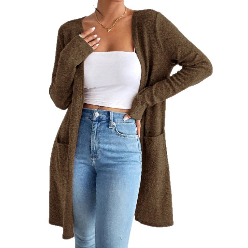 Damen nan offener Longcardigan mit aufgesetzten Taschen und weichem Feinstrick EB