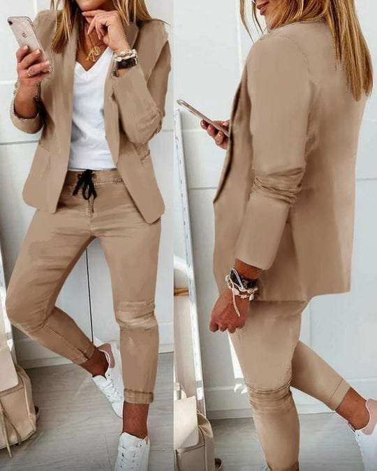 Damen nan Smart-Casual Blazer-Set mit offenem Longblazer und tapered Jogpant mit Kordelzug EB