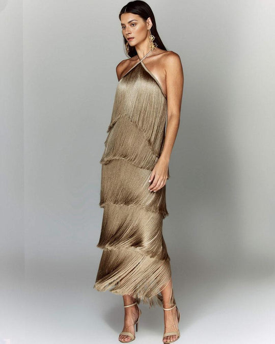 Damen Elegantes Fransen-Maxikleid mit schimmerndem Detail und raffinierter Passform EB