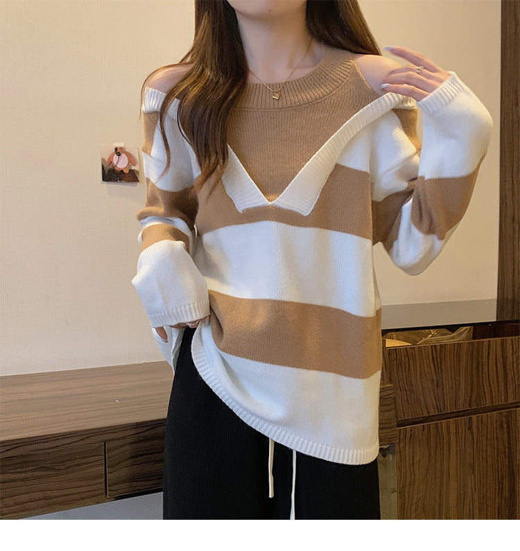 Damen V-Ausschnitt Oversized-Pullover mit modischem Streifenmuster und offenem Schulterdesign EB