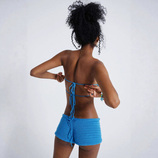 Damen gehäkeltes Bandeau-Oberteil und Shorts-Set mit floralem Design EB